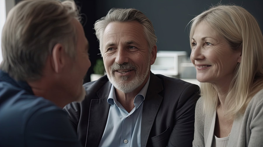 Drei Personen in einem Gespräch, lächelnd und freundlich.
